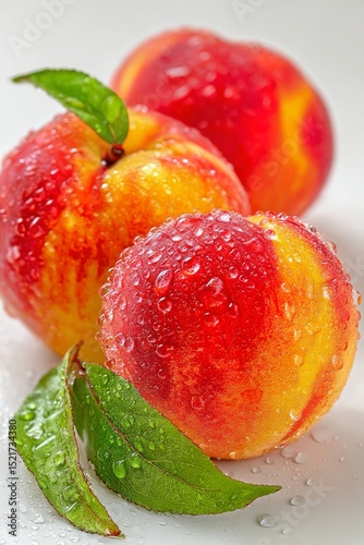 Freshly Washed Nectarines Glistening With Dew on a Bright Background in a Stu...