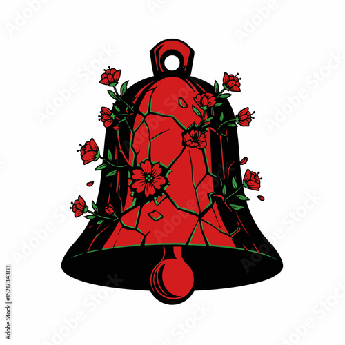 Broken bell with red flowers. Cracked red bell surrounded by blooming flowers.  Floral arrangement around damaged bell.