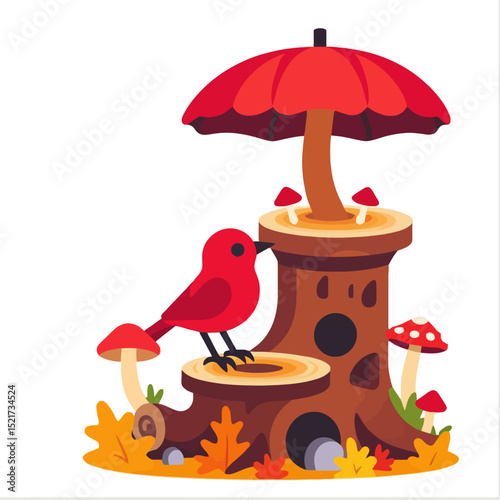Red Bird on Mushroom House in Autumn Forest-Cute Cartoon Bird with Red Umbrella Mushroom Home-Fall Season Illustration-Whimsical Forest Design