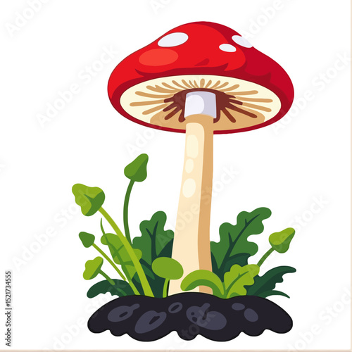 Red Mushroom Cartoon Illustration-Whimsical Fungi Art-Detailed Mushroom Spores Design-Perfect for Children's Books-Nature Inspired Clip Art-Forest Floor Plants