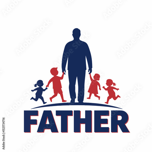 Happy Father's Day illustration featuring a father and his children. This heartwarming image depicts a loving father standing tall with his three children running joyfully beside him.