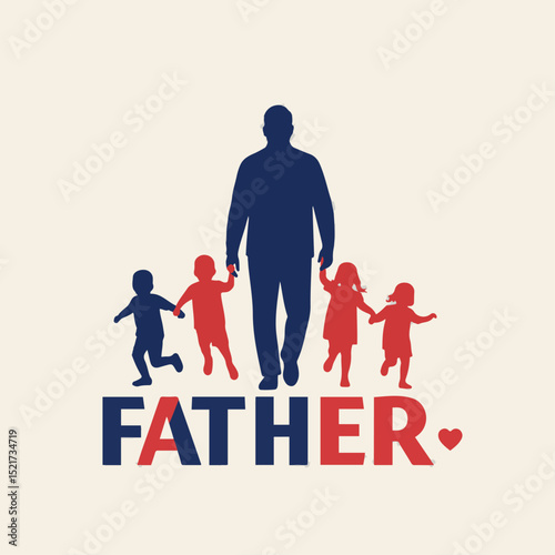 Happy Father's Day design with father and children silhouettes. Father's Day illustration features a loving dad walking with his kids. Perfect Father's Day concept for cards, banners,