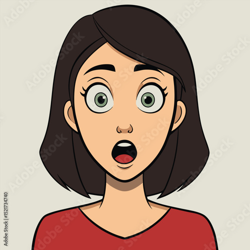 A woman looks very surprised with wide eyes and a gasp, showing shock, astonishment, and sudden realization.