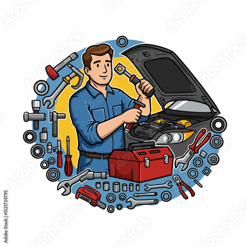 Mechanic repairing car engine.  Auto repair service includes experienced technician using tools.  Professional car maintenance concept for advertising and marketing.