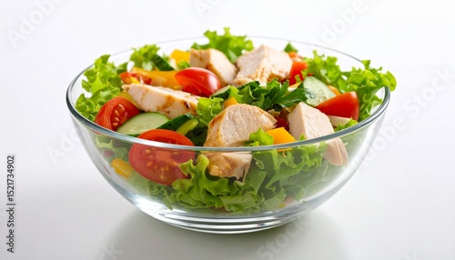 Fresh vegetable and chicken breast salad in a glass bowl
