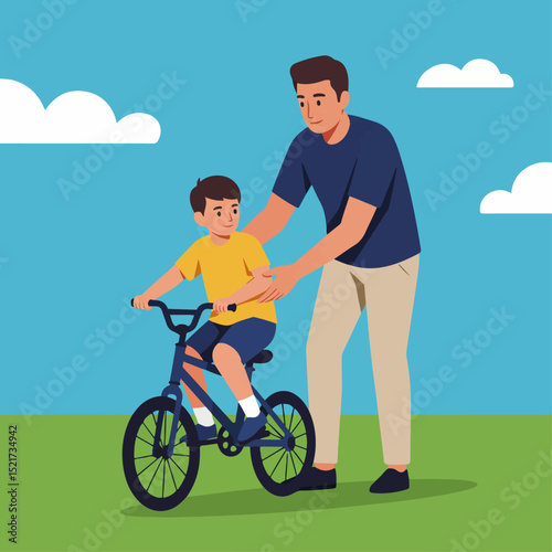 Father teaching son to ride bike outdoors on sunny day. Dad helps boy learn bicycle riding skills in park. Happy family moment, perfect for Father's Day cards and social media posts.