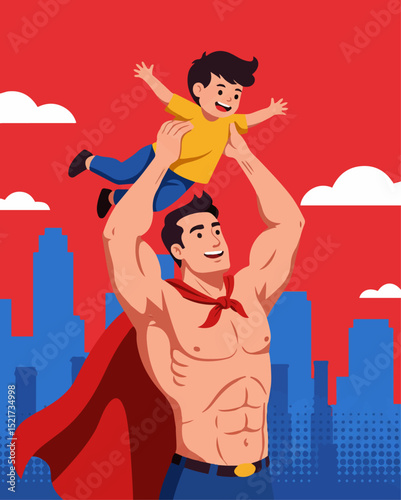 Happy Father's Day illustration with superhero dad lifting his son. Strong father and cheerful child celebrate fatherhood. This Father's Day image is perfect for greeting cards,