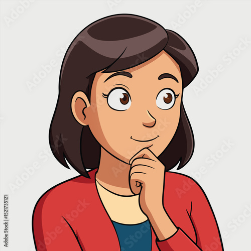 A woman looks thoughtful with her finger tapping her chin, conveying deep consideration and contemplation.