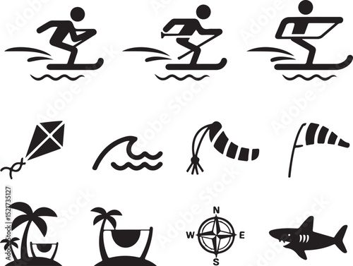 Water Sports Icons Skiing, Kitesurfing, and Beach Activities