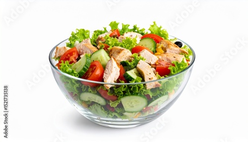 Fresh vegetable and chicken breast salad in a glass bowl
