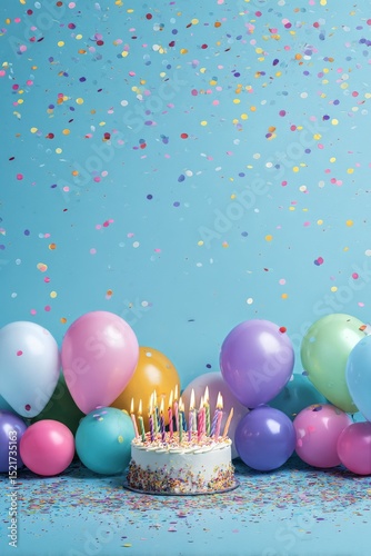 Colorful Birthday Celebration With Cake and Balloons Under Confetti in Bright...