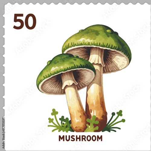 Watercolor Mushroom Stamp Art-Botanical Fungi Illustration-Collectible 50 Cent Postage Design-Unique Mushroom Artwork for Crafts and Decor