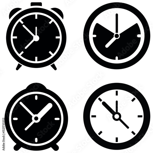 Four Black and White Clock Icons Showing Different Times and Clock Designs Style