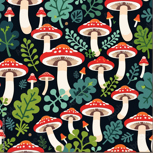 Whimsical Mushroom Forest Illustration - Enchanting Red Toadstool Pattern - Detailed Nature Art with Greenery - Discover the Magic of Fungi - Explore the Woods