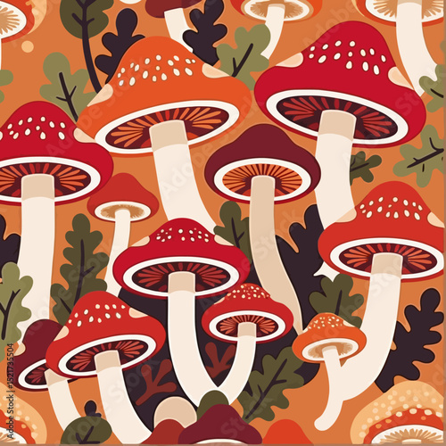 Whimsical Mushroom Pattern Art-Colorful Toadstool Illustration-Forest Fungi Background-Bohemian Nature Inspired Design-Retro Mushroom Print-Autumnal Aesthetic-Vintage Feel