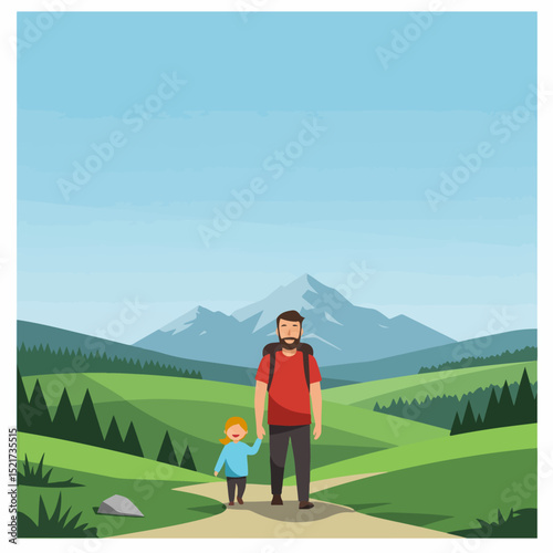 Father and daughter hiking scenic mountain trail. Happy family enjoying summer nature adventure. Father and daughter exploring majestic landscape.
