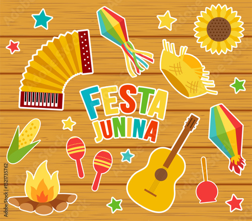 Traditional Brazilian music festival Festa Junina. Vector illustration. Symbols and paper lanterns, accordion, bonfire, guitar, corn, hat, maracas, sunflower.