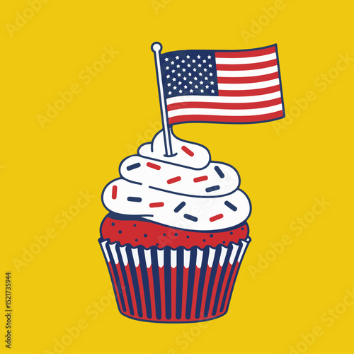 Festive Fourth of July cupcake with red velvet base and vanilla frosting. Patriotically decorated cupcake with sprinkles and small american flag.