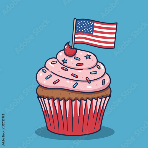 Festive cupcake with pink frosting and sprinkles for Independence Day celebration. Patriotically decorated cupcake with tiny american flag features red and blue sprinkles.