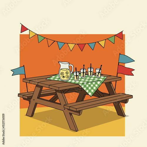 Summer picnic with lemonade pitcher and glasses on checkered picnic table. Festive summer party includes refreshing lemonade, glasses with straws, and bunting.