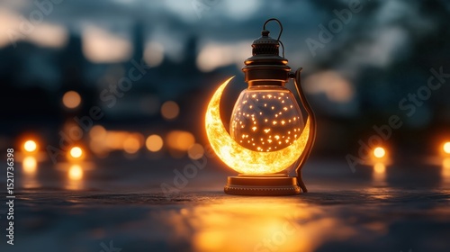 Dreamy Ramadan night illuminated by lanterns and a crescent moon in a tranquil setting