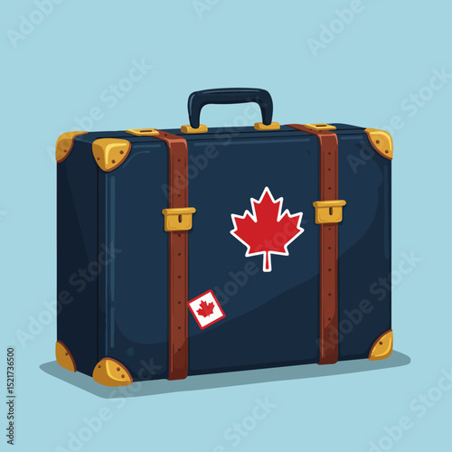 Vintage suitcase with canadian flag sticker. Retro luggage with maple leaf design perfect for travel planning. This classic suitcase evokes wanderlust and travel adventures,