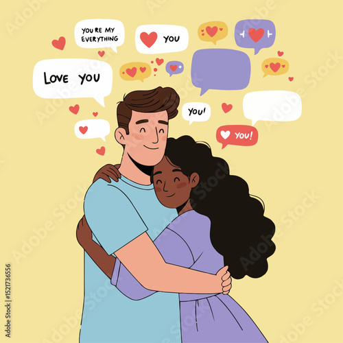 Romantic couple embracing, showing love and affection. Valentine's Day illustration of happy interracial couple hugging. Perfect Valentine's Day concept for greeting cards, social media posts,