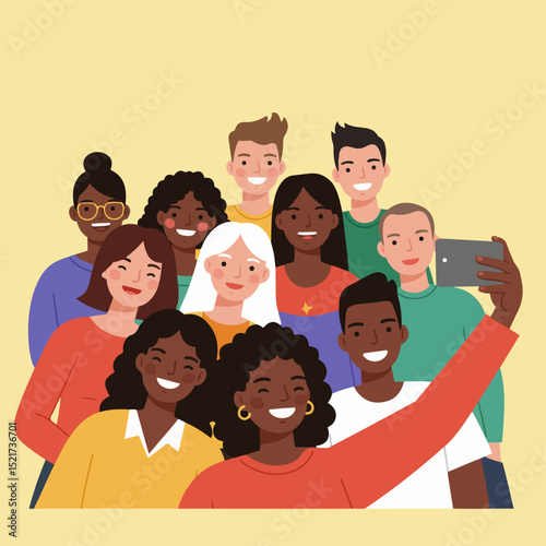 Diverse group of smiling people taking selfie photo together. Happy friends enjoying time, creating memories.  Concept image for social media, showcasing unity and diversity.