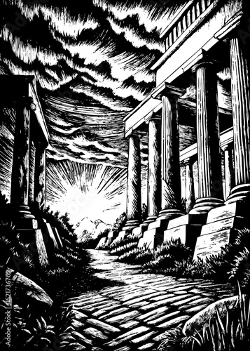 Ancient greek temple ruins sunlit path