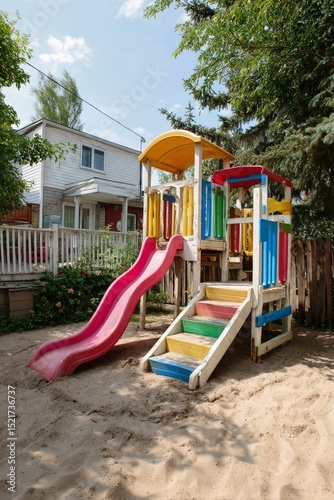 Colorful Playground Structure With Slide in Residential Backyard During Sunny...