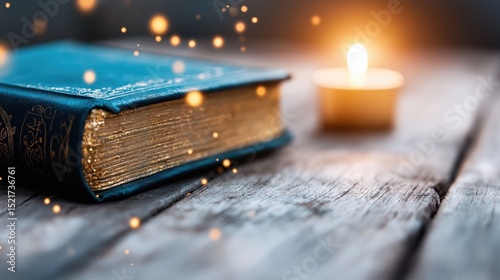 Antique leather spell book with golden details on wooden table illuminated by candlelight