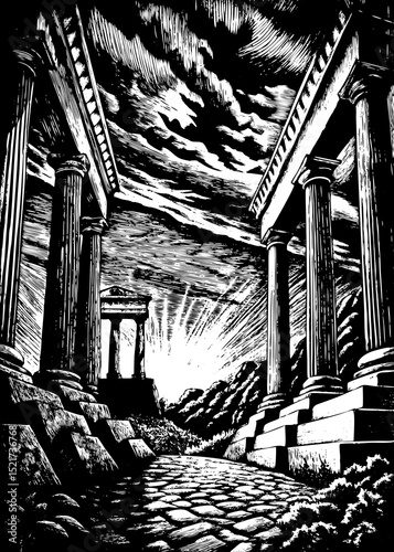 Ancient greek temple ruins sunlit pathway