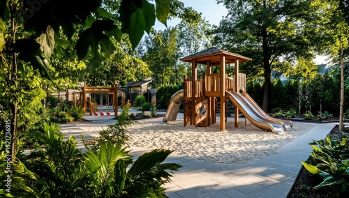 Bright Afternoon at a Lively Playground With Children Playing on Slides and C...