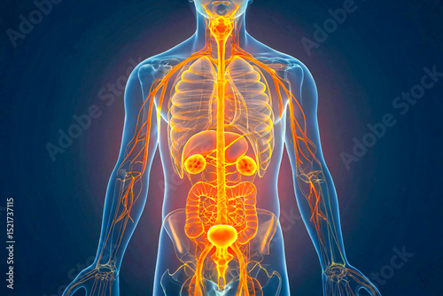 3d rendered illustration of a human anatomy, 3D Male Reproductive System Anatomy with Glowing Organs