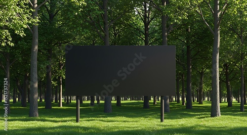 Blank black signboard in lush green forest mockup for advertisement and promotion photo