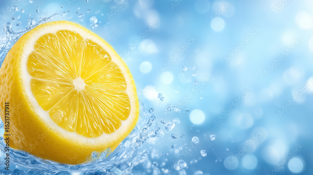 Lemon splashes into water in vibrant freeze-frame with bright lighting. Water droplets and white backdrop create fresh aesthetic. Concept of culinary arts, beverage industry, health foods Lemon splashes into water in vibrant freeze-frame with bright lighting. Water droplets and white backdrop create fresh aesthetic. Concept of culinary arts, beverage industry, health foods