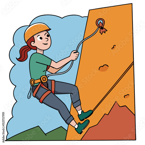 A woman rock climbing with a harness and chalk bag, showing adventure, strength, and outdoor challenge.