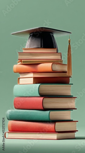 Stack of Colorful Books With Graduation Cap on Top Symbolizing Academic Achie...