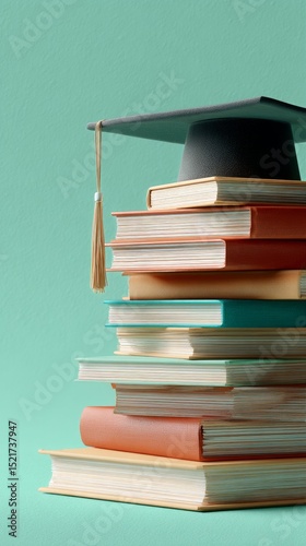 Graduation Cap Resting on a Stack of Colorful Books Symbolizing Academic Achi...