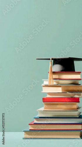 Graduation Cap Resting on a Stack of Colorful Books Symbolizing Academic Achi...