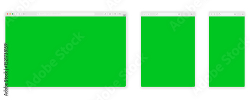 Assorted Responsive Layouts: A series of application windows showcase various screen sizes, each filled with a vibrant green, illustrating adaptable and responsive website design layouts.