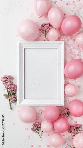 Birthday Celebration Decoration With Pink Balloons and Flowers on Table.
