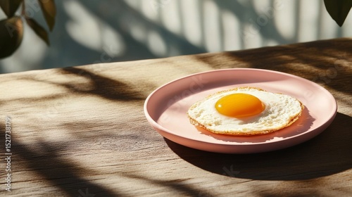 Sizzling Fried Egg on Pink Plate With Tropical Ambiance and Shadows.