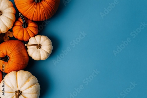 Colorful Pumpkins Arranged on a Blue Background Ideal for Autumn Decoration I...