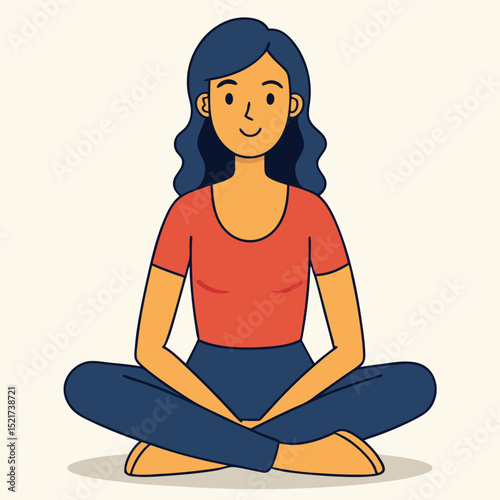 A woman sits in a relaxed pose, conveying comfort, calm, and peaceful leisure time.
