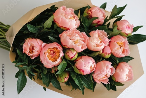 Fresh Peony Bouquet Wrapped in Craft Paper Showcasing Vibrant Pink Blooms