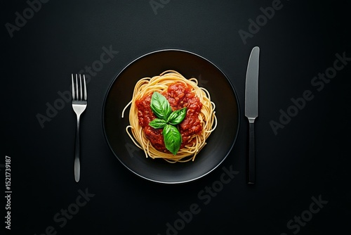 Savoring a Delightful Plate of Spaghetti With Rich Tomato Sauce and Fresh Bas...