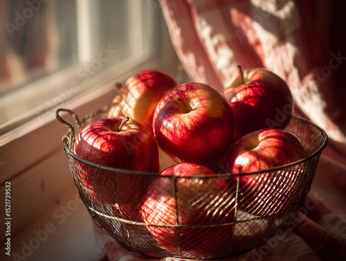 Red apples in a wire basket by a window, soft natural lighting, curtain shadows falling across fruit