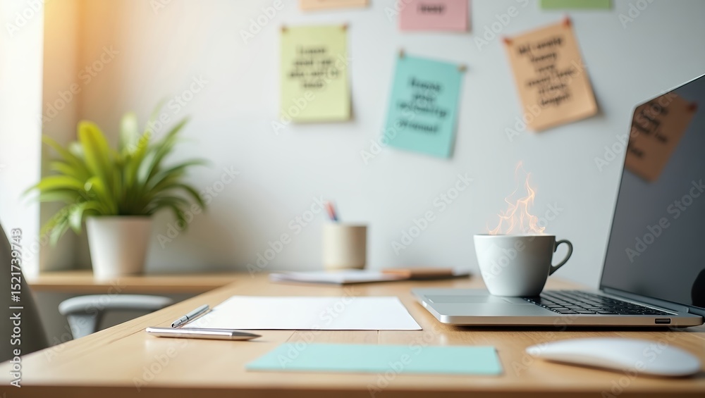 Fototapeta premium Workstation With Laptop and Steaming Coffee Cup Beside Notes on Wall in Bright Office