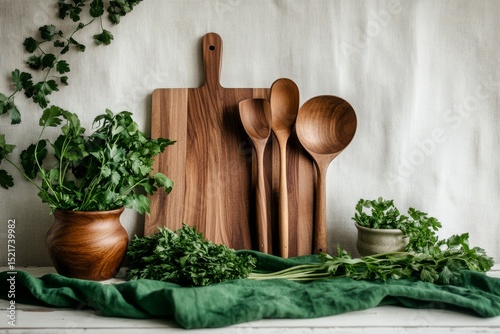 Fresh Herbs and Wooden Utensils on a Rustic Kitchen Surface for Culinary Deli...